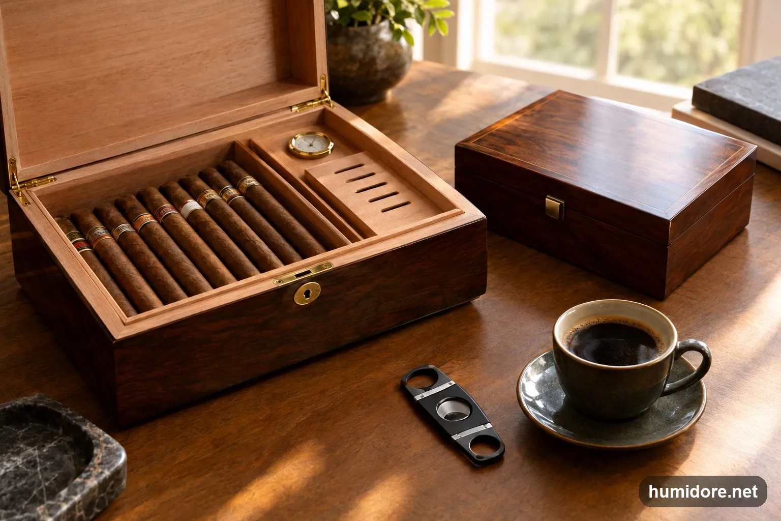 Stillleben mit geöffnetem Humidor, einer Zigarrenkiste, einem Cutter und einer Tasse Kaffee auf einem Holztisch