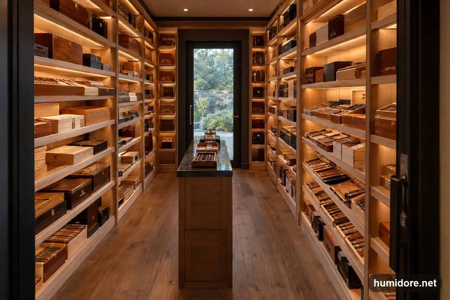 Begehbarer Humidor mit deckenhohen Regalen aus Spanischer Zeder voller Zigarrenkisten, warm beleuchtet