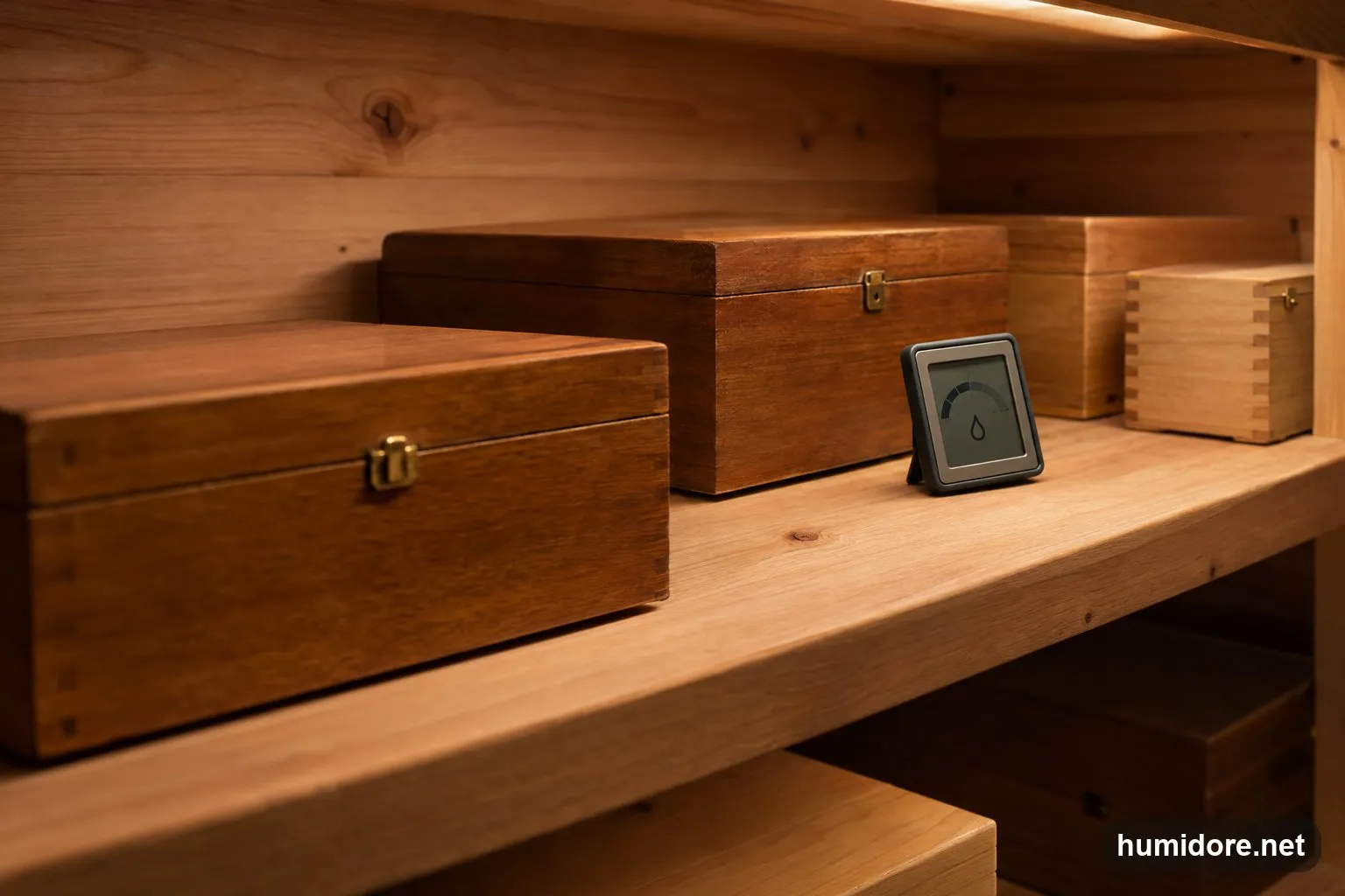 Detail eines Regals aus Spanischer Zeder mit Zigarrenkisten und einem digitalen Hygrometer in einem begehbaren Humidor