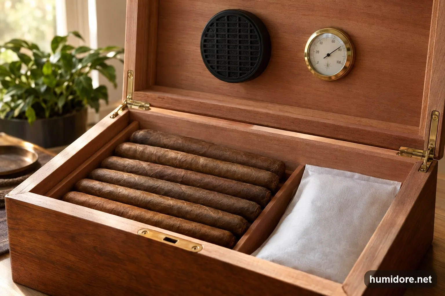 Geöffneter Humidor aus Zedernholz mit einem runden Befeuchter im Deckel und einem Zwei-Wege-Pack neben den Zigarren