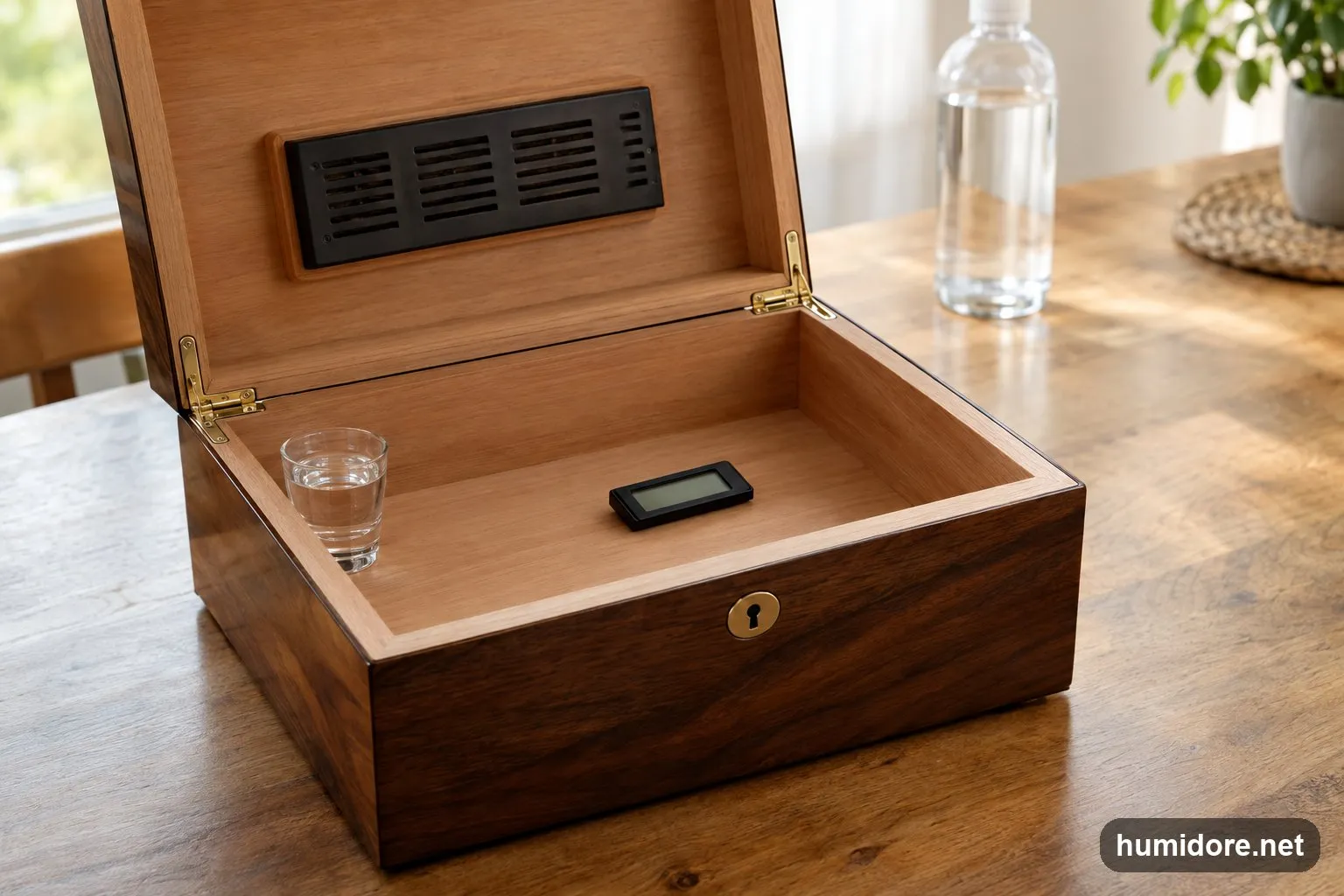 Neuer, leerer Holzhumidor mit geöffnetem Deckel, darin ein kleines Glas mit destilliertem Wasser in einer Ecke und ein digitales Hygrometer in der Mitte