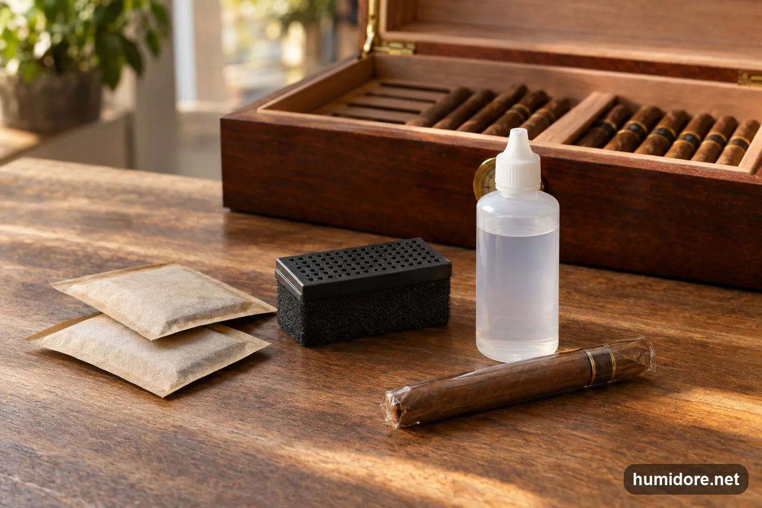 Zwei flache Zwei-Wege-Feuchtepacks, ein Schaumstoff-Befeuchter und eine Flasche destilliertes Wasser vor einem geöffneten Humidor