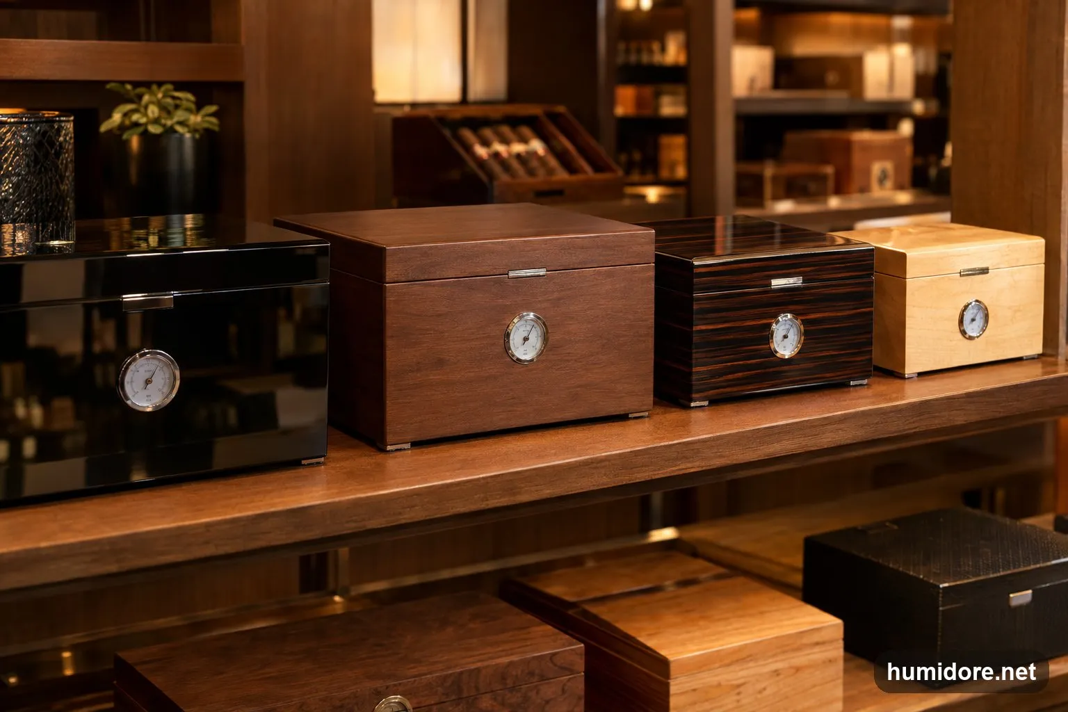 Mehrere Tischhumidore verschiedener Holzarten und Oberflächen nebeneinander auf einem Regal