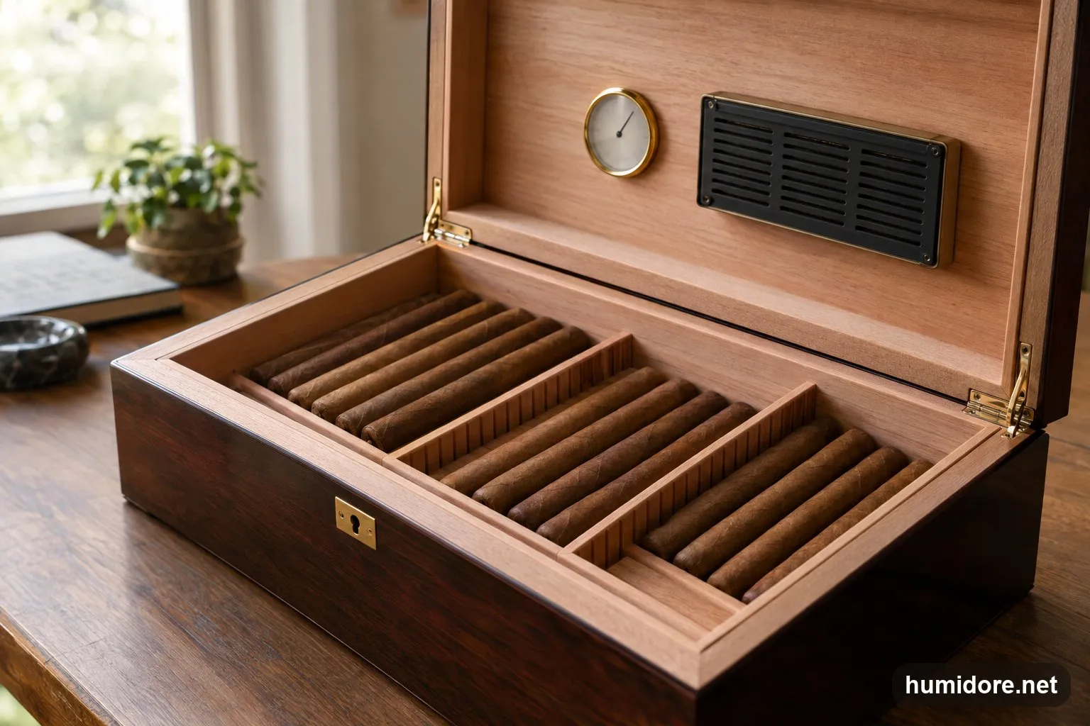 Nahaufnahme eines geöffneten Humidors mit Zedernholz-Trennwänden, Hygrometer und Befeuchter im Deckel