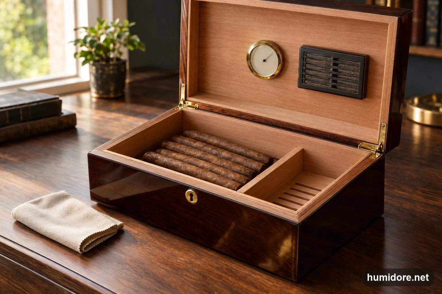 Geöffneter Tischhumidor aus dunklem Holz, in dem ein Hygrometer und ein Befeuchter kontrolliert werden