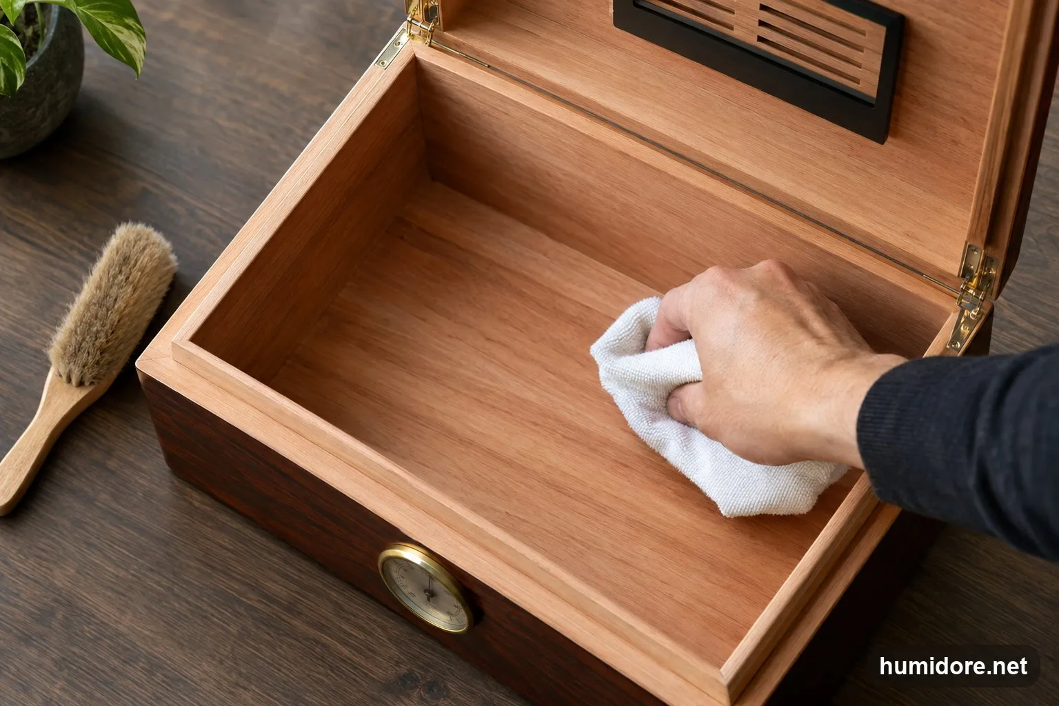 Zedernholz-Einsatz eines Humidors wird mit einem trockenen Tuch ausgewischt