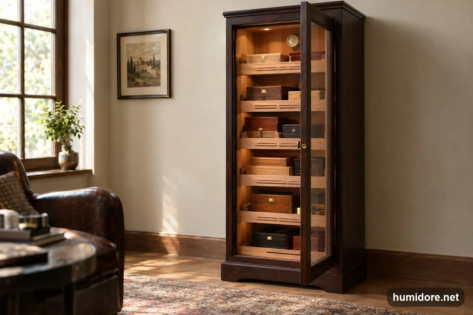 Hoher Humidorschrank aus dunklem Holz mit Glastür, dahinter Zigarrenkisten auf Tablaren aus Zedernholz