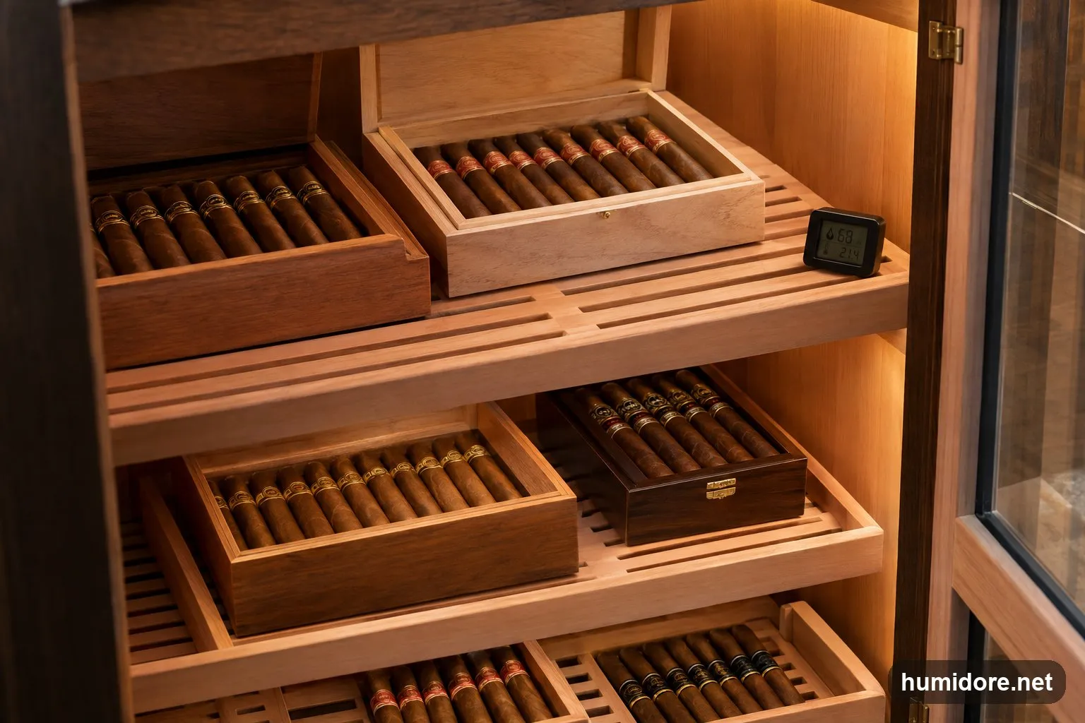 Geöffneter Humidorschrank mit Zedernholz-Tablaren, darauf offene Zigarrenkisten und ein digitales Hygrometer