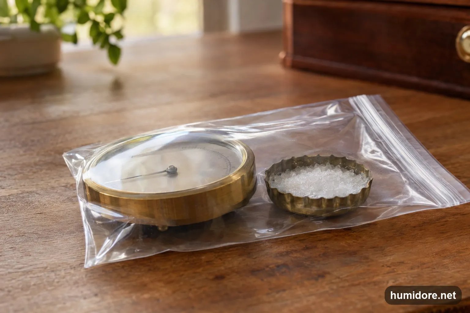 Analoges Rundhygrometer in einem verschlossenen Frischhaltebeutel neben einem Schälchen mit feuchtem Kochsalz auf einem Holztisch