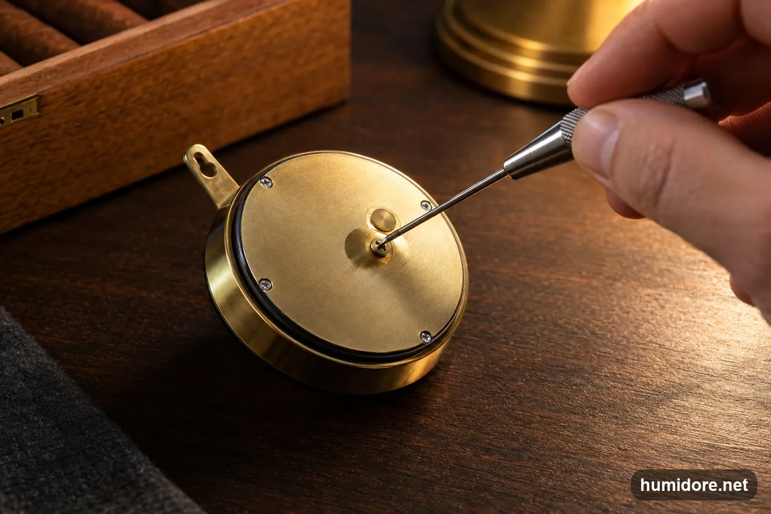 Hand mit kleinem Schraubendreher an der Stellschraube auf der Rückseite eines analogen Hygrometers