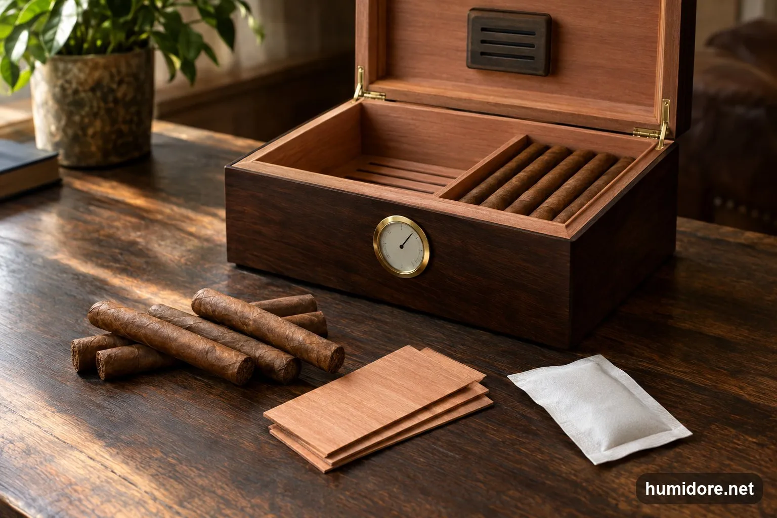 Zigarren, ein Hygrometer und Zedernholzspäne auf einem Holztisch neben einem geöffneten Humidor