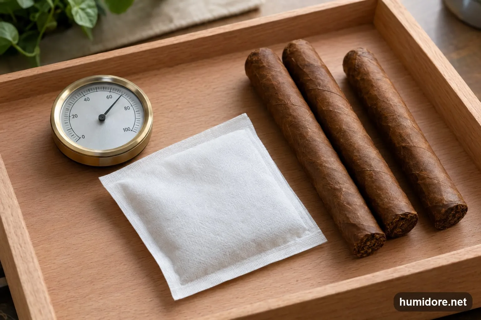 Analoges Hygrometer und Zwei-Wege-Feuchtepack neben Zigarren auf Zedernholz