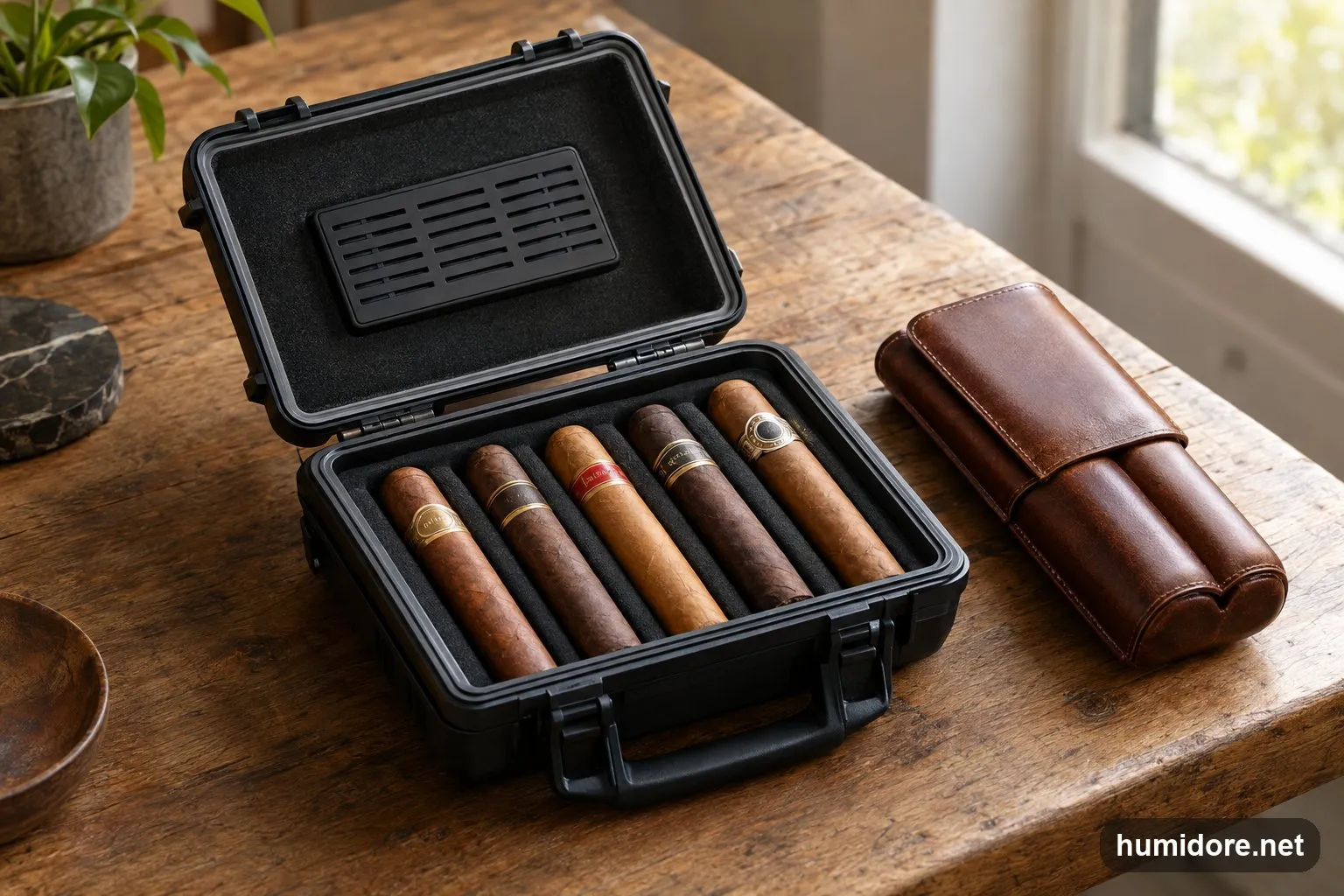 Geöffneter Reisehumidor mit Hartschale und Schaumstoffeinlage, darin fünf Zigarren, daneben ein Lederetui auf einem Holztisch