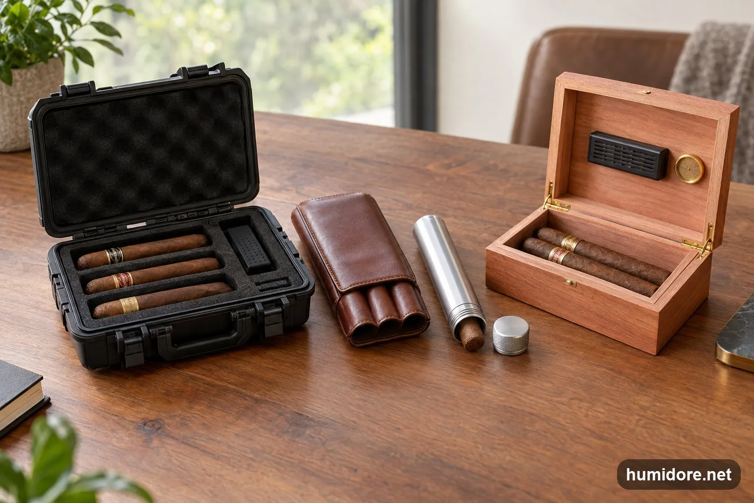 Verschiedene Reisehumidore auf einem Holztisch: Hartschalen-Etui mit Schaumstoff, Lederetui, Aluminium-Tubo und kleine Zedernholzbox