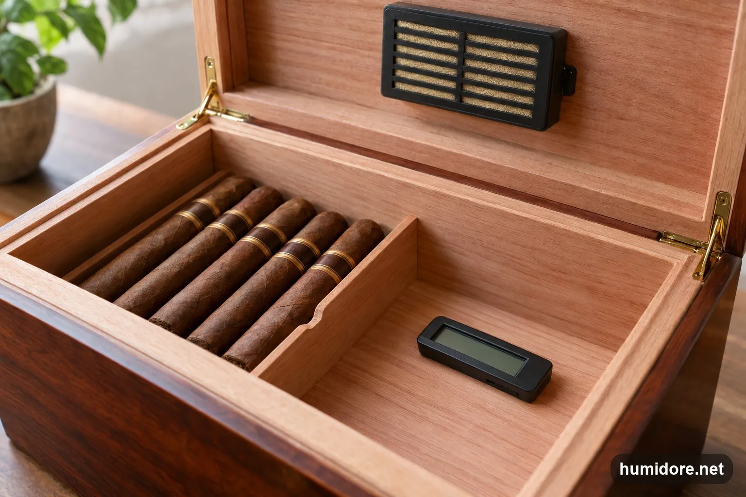 Nahaufnahme der Zedernholz-Auskleidung eines Humidors mit Dichtlippe, Befeuchter im Deckel und digitalem Hygrometer