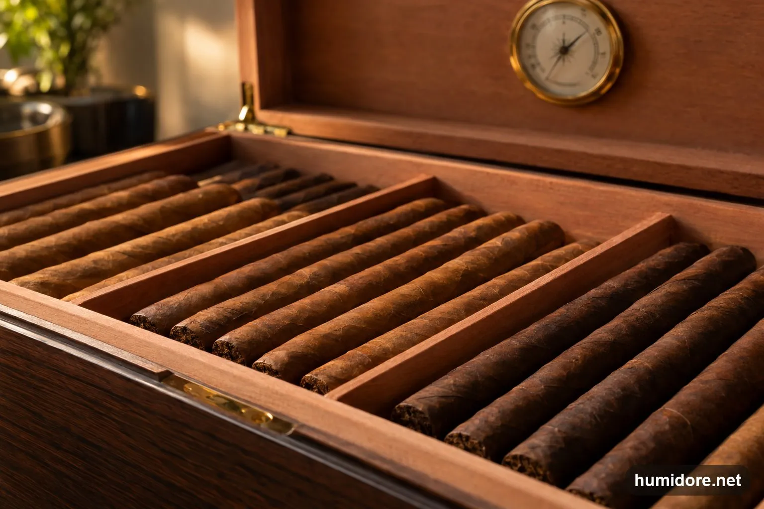 Reihen von Zigarren auf Zedernholz-Tablaren in einem geöffneten Humidor, im Hintergrund ein Hygrometer