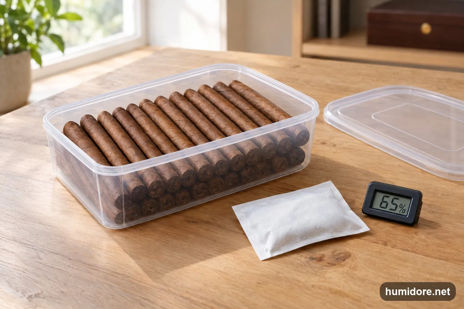 Durchsichtige Frischhaltedose mit Zigarren, einem Zwei-Wege-Pack und einem kleinen Digitalhygrometer auf einem Holztisch