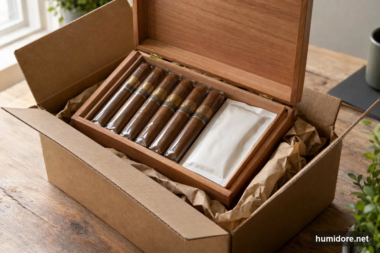 Geöffnetes Versandpaket auf einem Holztisch, darin eine Zigarrenkiste, einzelne Zigarren im Zellophan und ein Feuchtepack